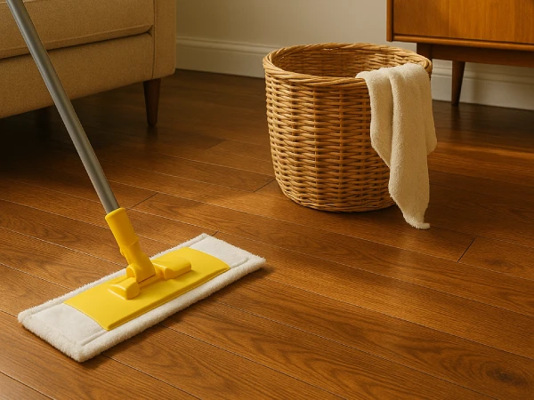 Person cleaning hardwood floor with microfiber mop