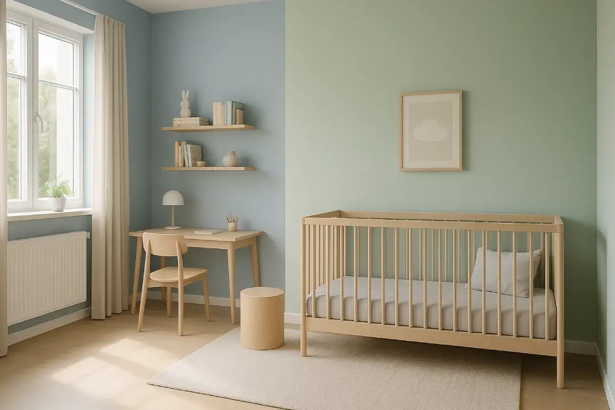 A child's bedroom with a color palette showing different swatches.